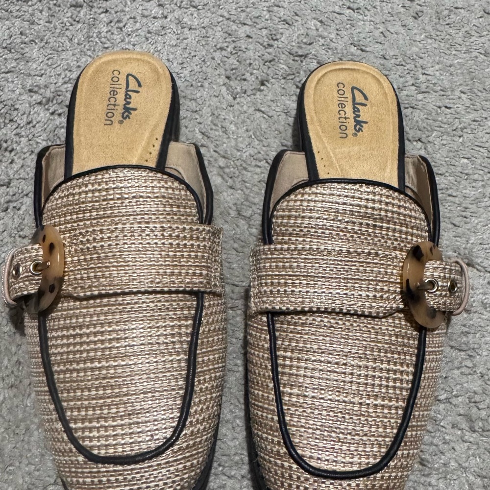 Clarks Tan Mules with Decorative Strap